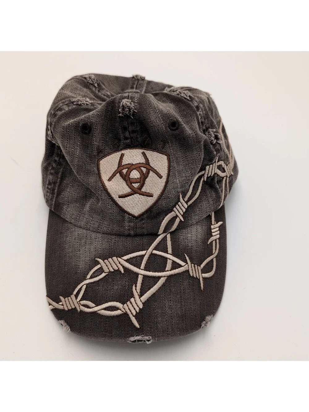 Ariat Distressed Barbed Wire Embroidered Gray Adjustable Baseball Cap Hat